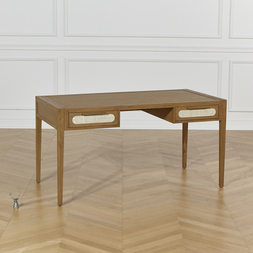 MONTANA - Eiken bureau, riet en messing in moderne stijl, 2 laden