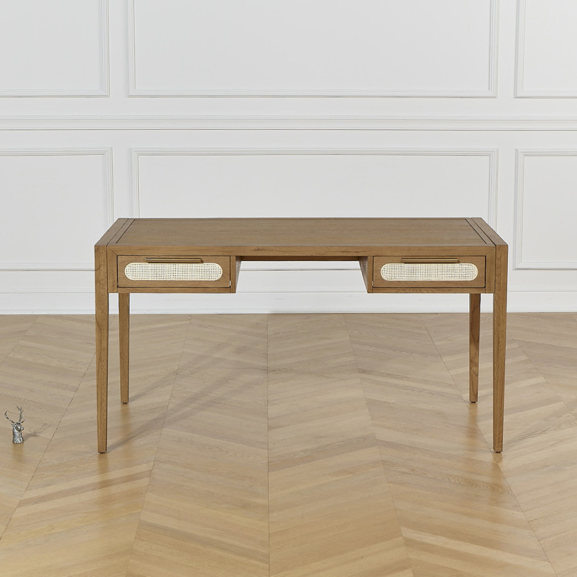 MONTANA - Eiken bureau, riet en messing in moderne stijl, 2 laden