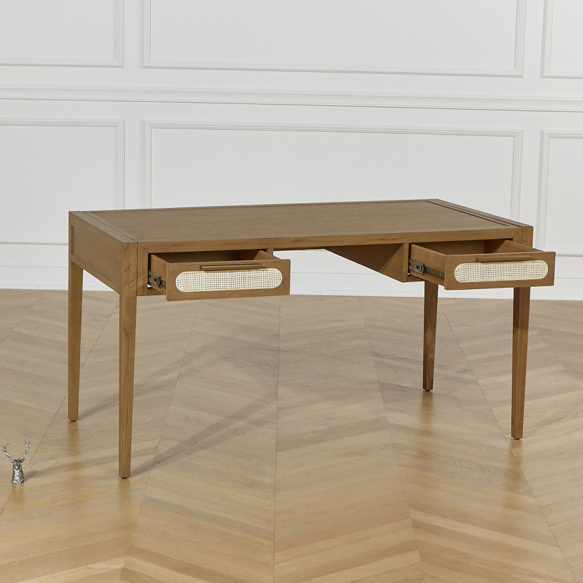 MONTANA - Eiken bureau, riet en messing in moderne stijl, 2 laden