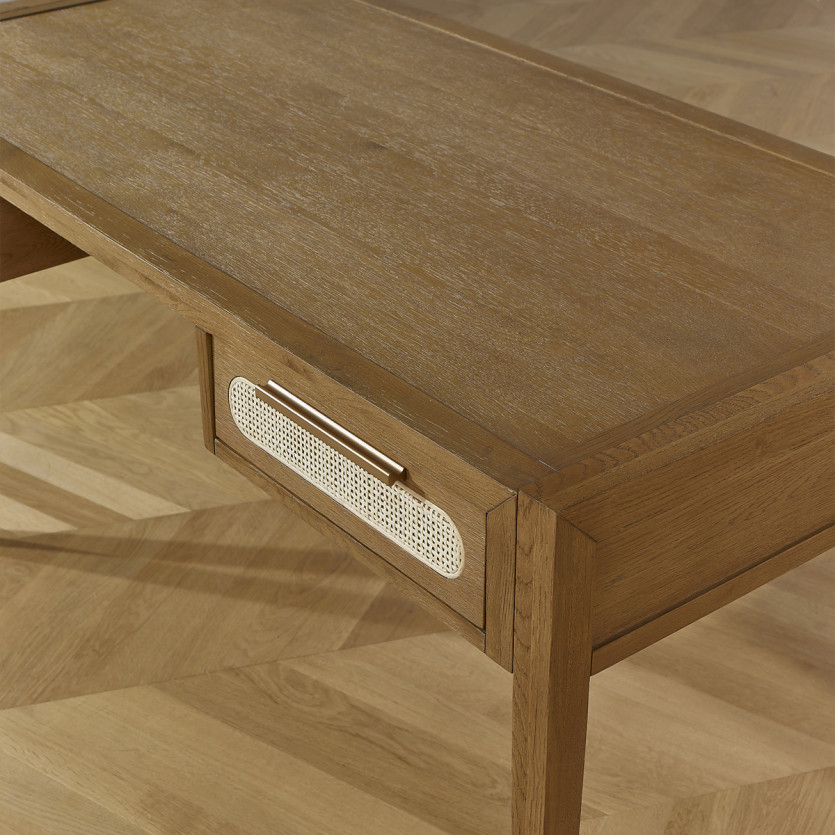 MONTANA - Eiken bureau, riet en messing in moderne stijl, 2 laden