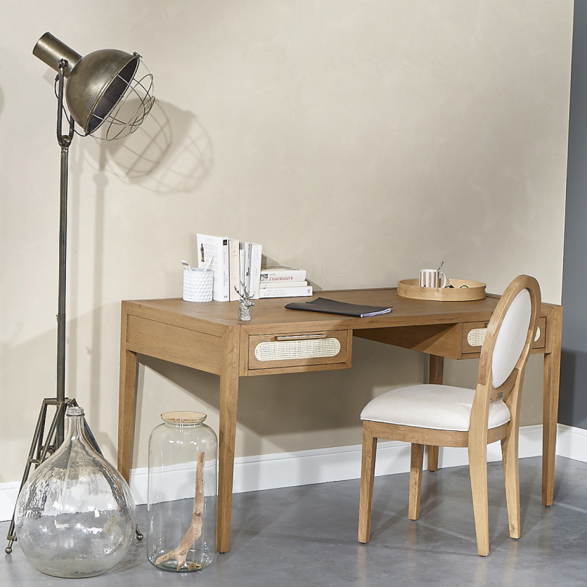 MONTANA - Eiken bureau, riet en messing in moderne stijl, 2 laden