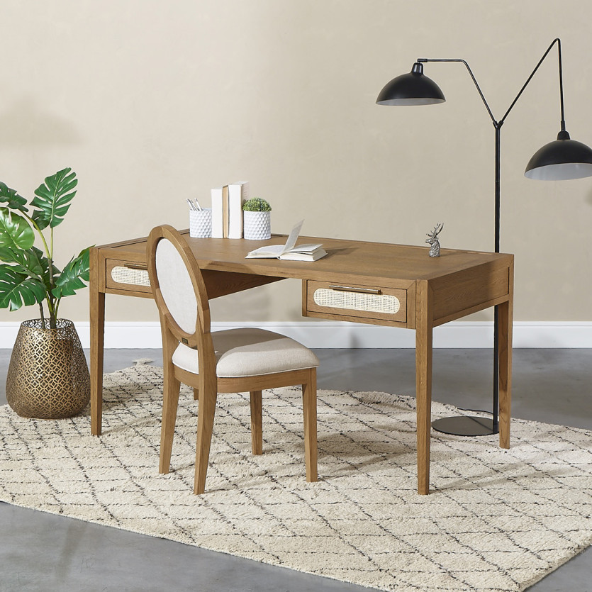 MONTANA - Eiken bureau, riet en messing in moderne stijl, 2 laden