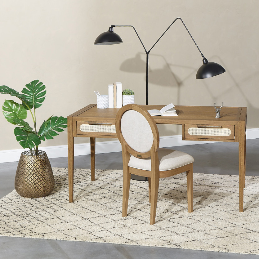 MONTANA - Oak desk, caning and brass in a modern style, 2 drawers