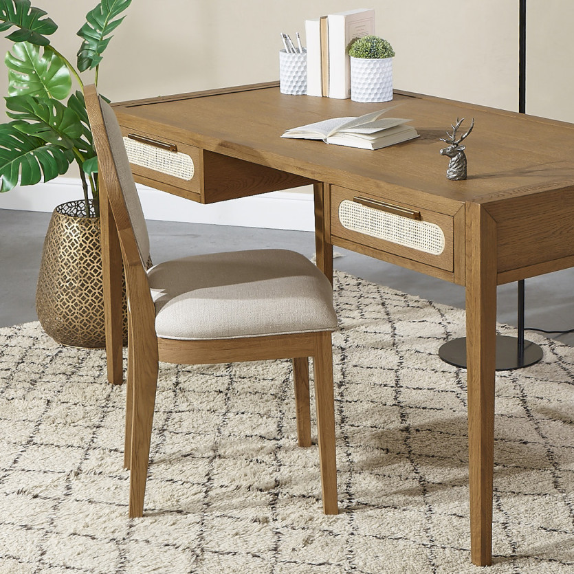 MONTANA - Bureau en chêne, cannage et laiton style moderne, 2 tiroirs