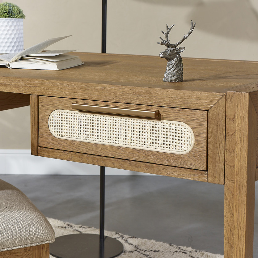 MONTANA - Eiken bureau, riet en messing in moderne stijl, 2 laden