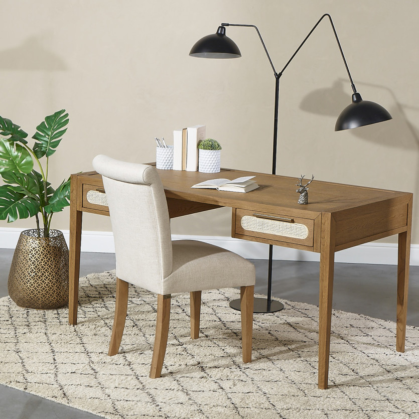 MONTANA - Eiken bureau, riet en messing in moderne stijl, 2 laden