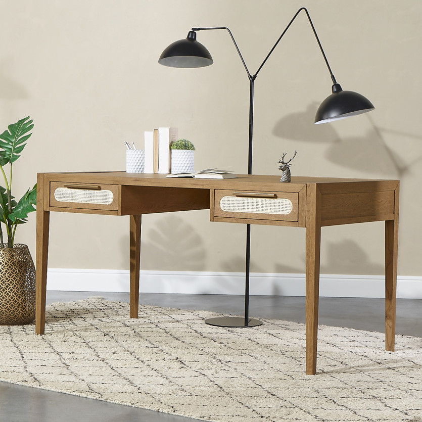 MONTANA - Bureau en chêne, cannage et laiton style moderne, 2 tiroirs