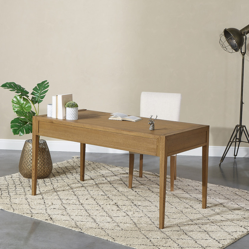 MONTANA - Oak desk, caning and brass in a modern style, 2 drawers
