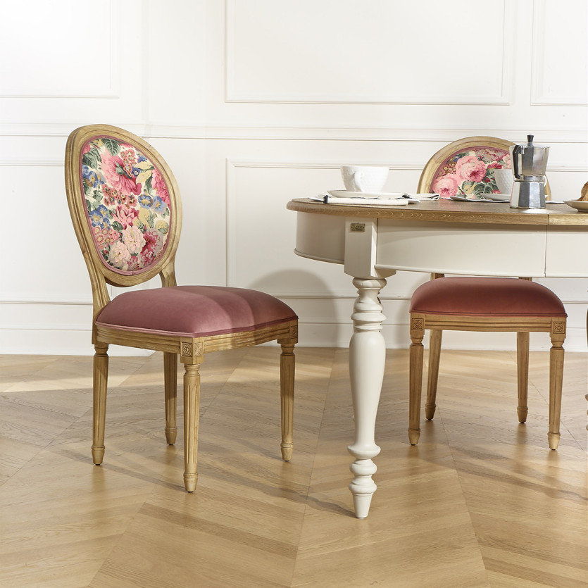 MEDAILLON – Lot de 2 chaises style shabby chic en bois et tissu fleuri