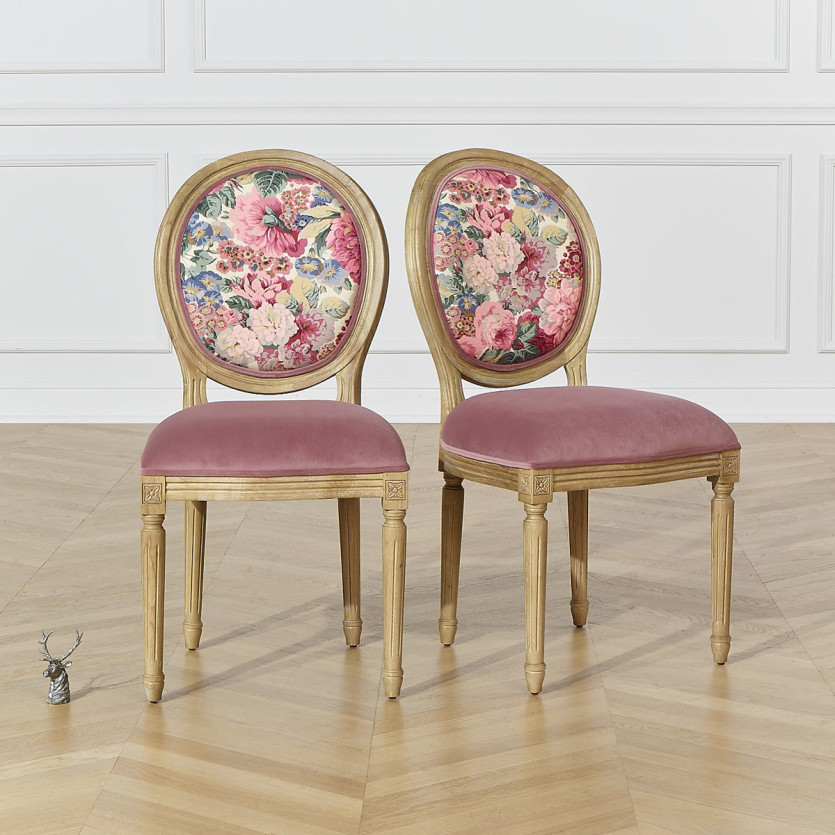 MEDAILLON – Lot de 2 chaises style shabby chic en bois et tissu fleuri