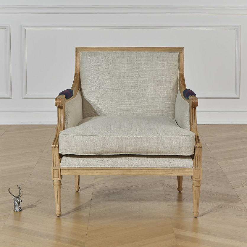 Fauteuil bergère VILLANDRY OXFORD - Style classique en velours de coton et bois massif, 1 place