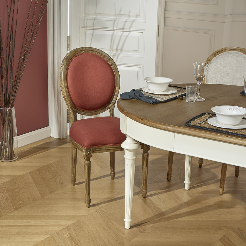 Lot de 2 chaises MEDAILLON SIENNA  - Style Louis XV en tissu lin rouge, bois massif, bois certifié FSC®