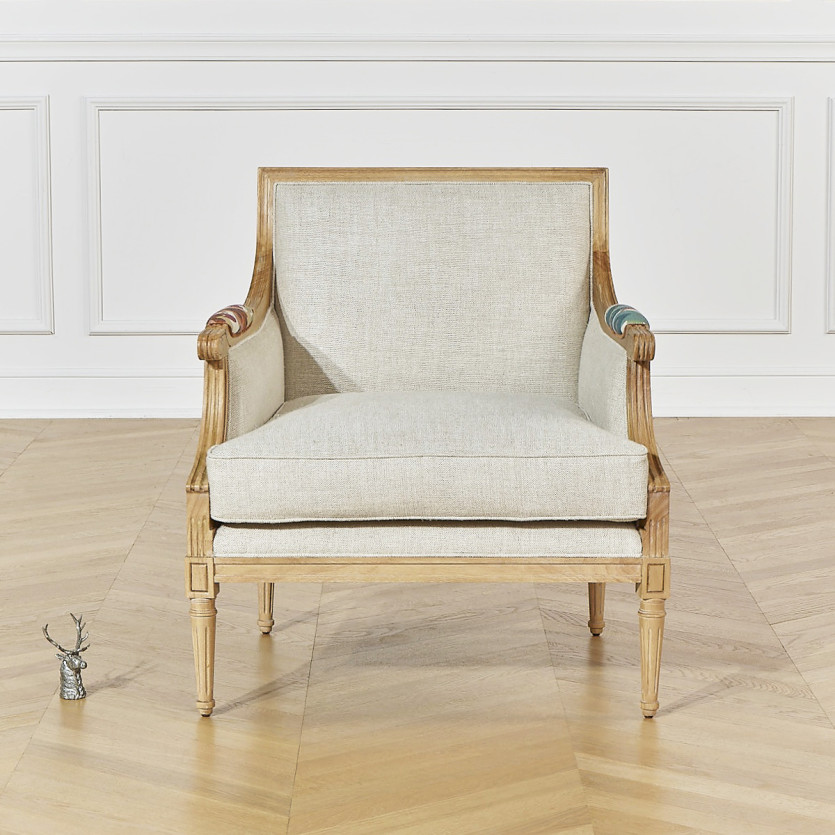 Fauteuil bergère VILLANDRY ROBIN WOOD -  Style shabby chic en lin premium et bois massif, 1 place