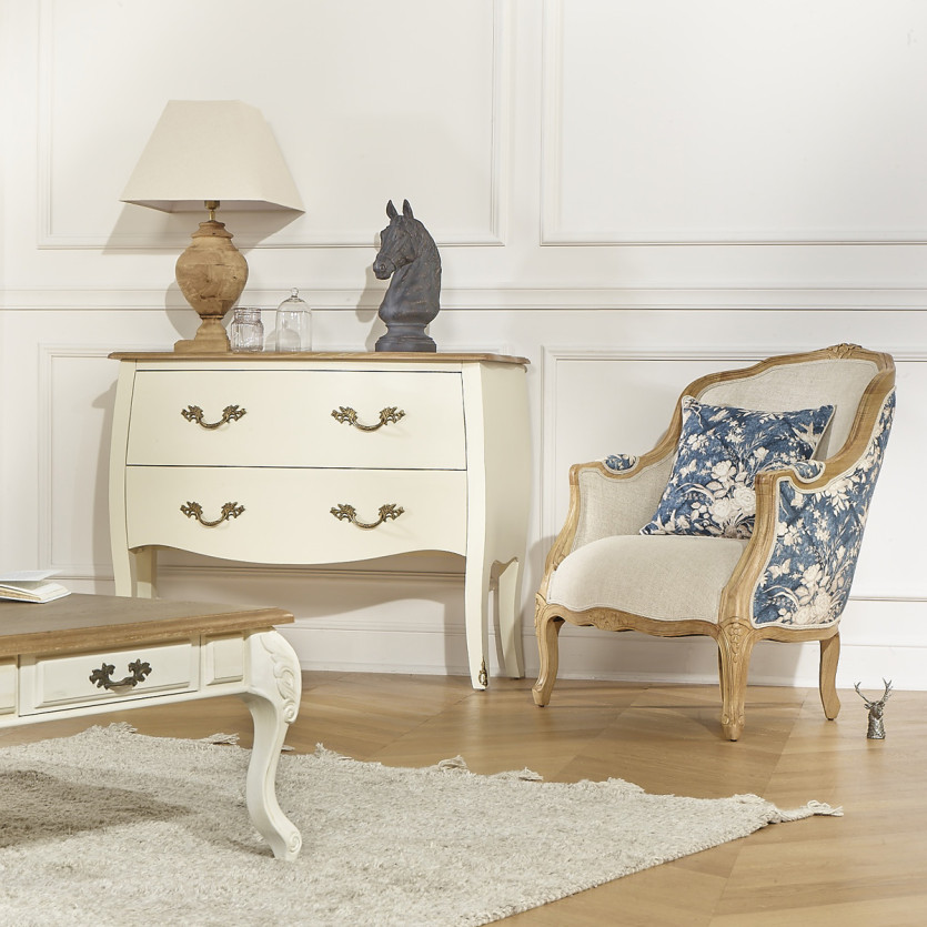 Fauteuil bergère VICTOR 7 SISTERS - Style romantique en bois massif, lin et tissu fleuri bleu et blanc, 1 place