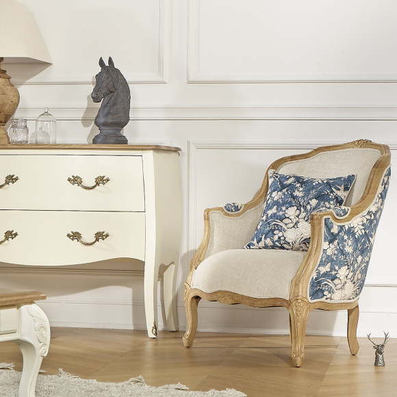 VICTOR 7 SISTERS Bergère Armchair - Romantic style in solid wood, linen, and blue and white floral fabric, 1 seat