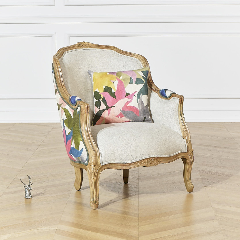 Fauteuil bergère VICTOR IRIS - Style romantique en tissu imprimé fleuri et bois massif, 1 place