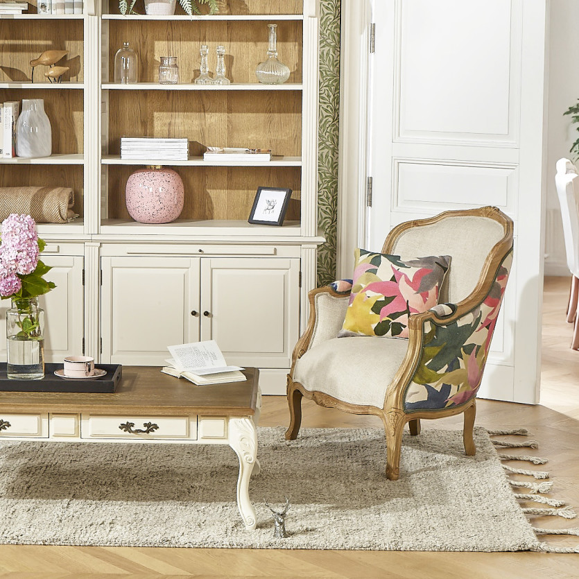 Fauteuil bergère VICTOR IRIS - Style romantique en tissu imprimé fleuri et bois massif, 1 place