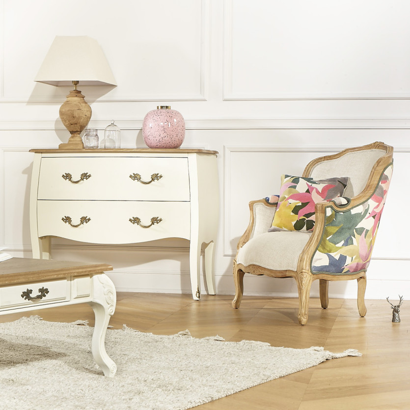 Fauteuil bergère VICTOR IRIS - Style romantique en tissu imprimé fleuri et bois massif, 1 place