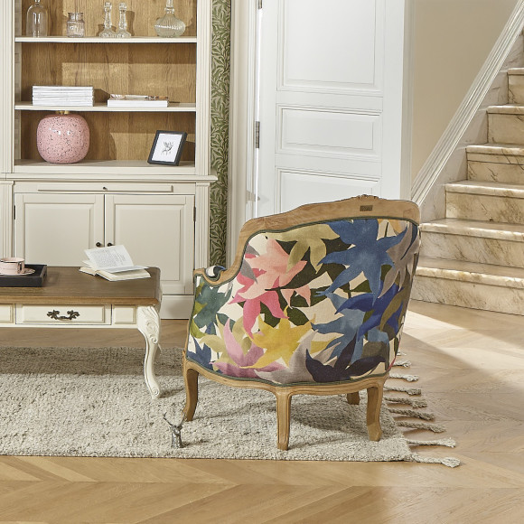 Bergère Armchair VICTOR IRIS - Romantic style in floral printed fabric and solid wood, 1 seat