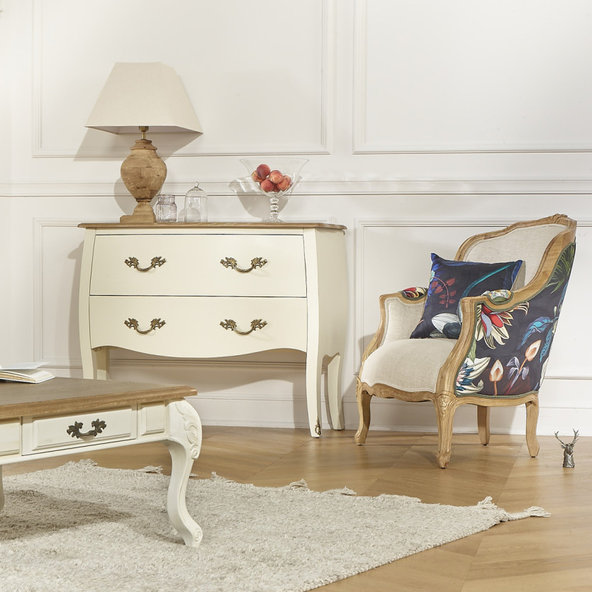 Fauteuil bergère VICTOR ATLANTIS - Style romantique en bois massif et tissu fleuri noir, 1 place