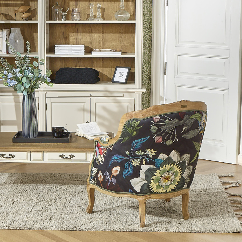 Fauteuil bergère VICTOR ATLANTIS - Style romantique en bois massif et tissu fleuri noir, 1 place