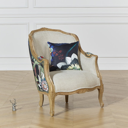 Fauteuil bergère VICTOR ATLANTIS - Style romantique en bois massif et tissu fleuri noir, 1 place