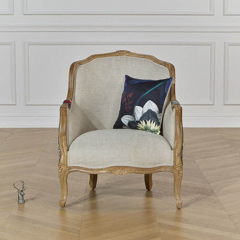 Fauteuil bergère VICTOR ATLANTIS - Style romantique en bois massif et tissu fleuri noir, 1 place