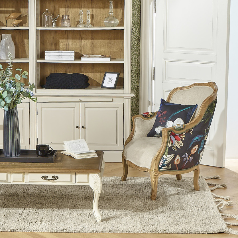 Fauteuil bergère VICTOR ATLANTIS - Style romantique en bois massif et tissu fleuri noir, 1 place
