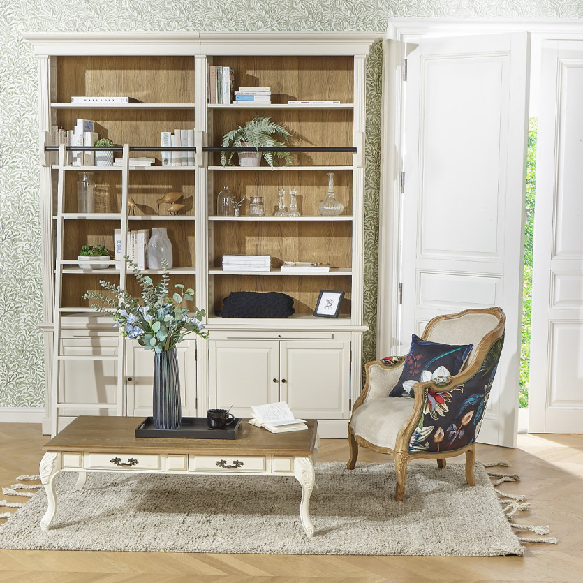 Fauteuil bergère VICTOR ATLANTIS - Style romantique en bois massif et tissu fleuri noir, 1 place