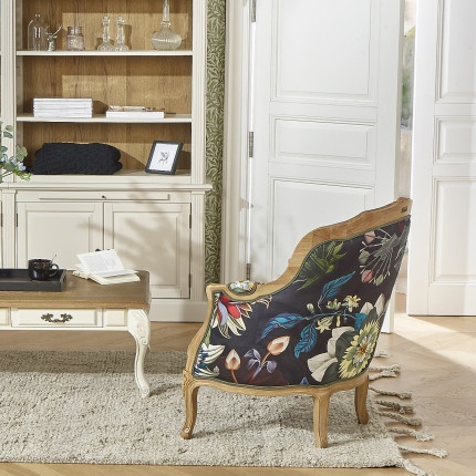 Fauteuil bergère VICTOR ATLANTIS - Style romantique en bois massif et tissu fleuri noir, 1 place