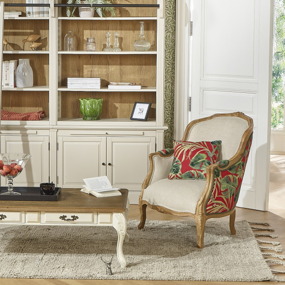 Sillón bergère VICTOR RED - Estilo romántico en tela estampada con flores de la jungla y madera maciza, 1 plaza