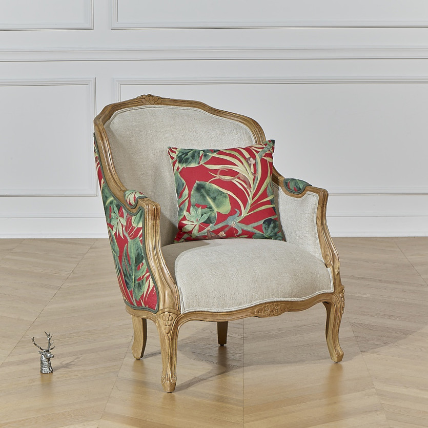Fauteuil bergère VICTOR RED - Style romantique en tissu imprimé fleuri jungle et bois massif, 1 place