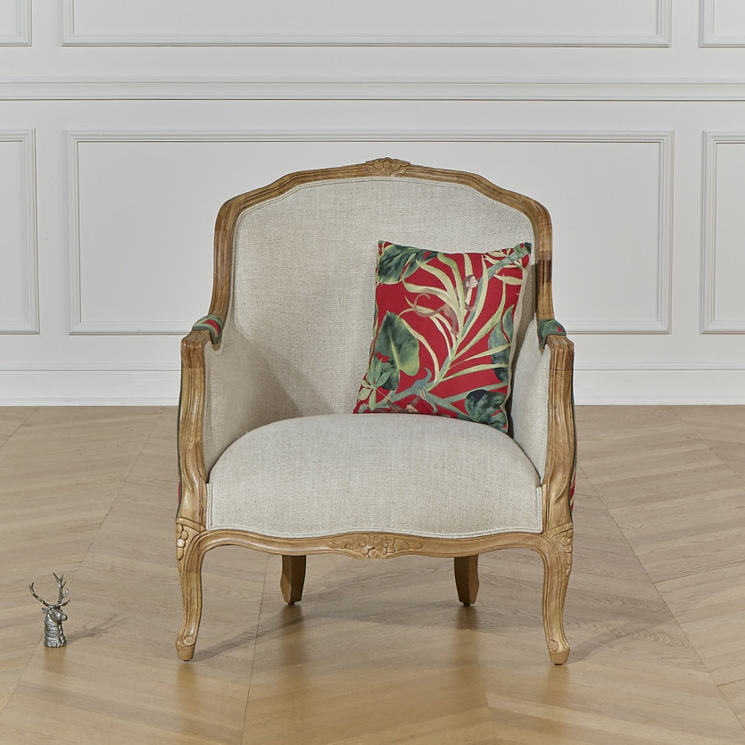 Fauteuil bergère VICTOR RED - Style romantique en tissu imprimé fleuri jungle et bois massif, 1 place