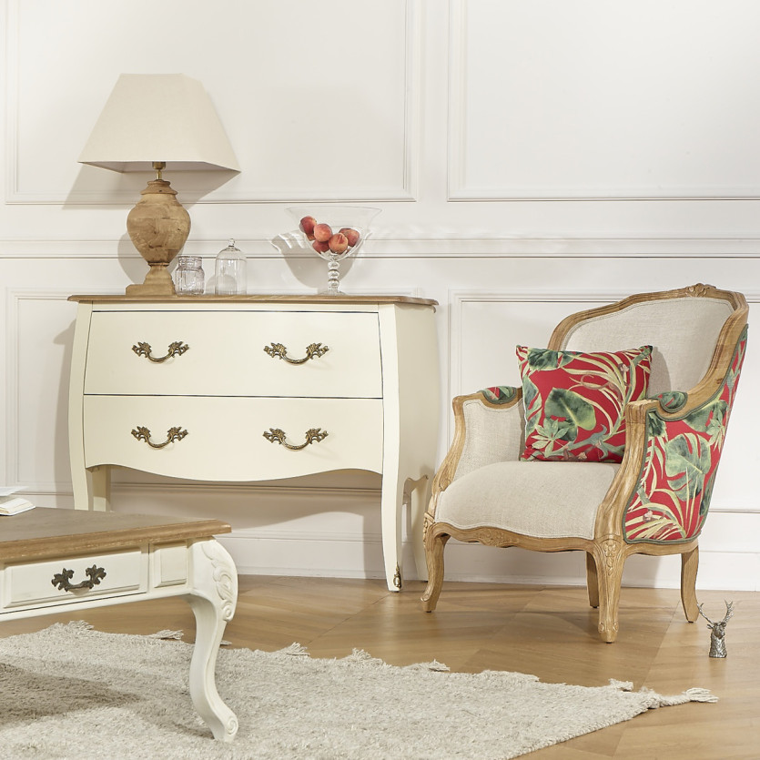 Fauteuil bergère VICTOR RED - Style romantique en tissu imprimé fleuri jungle et bois massif, 1 place