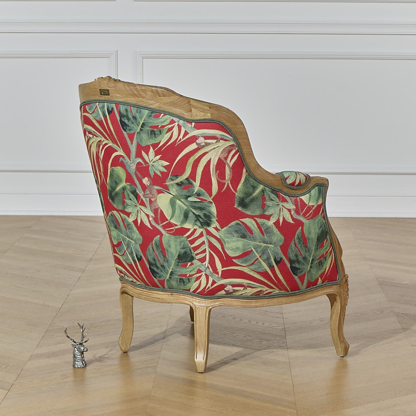 Fauteuil bergère VICTOR RED - Style romantique en tissu imprimé fleuri jungle et bois massif, 1 place