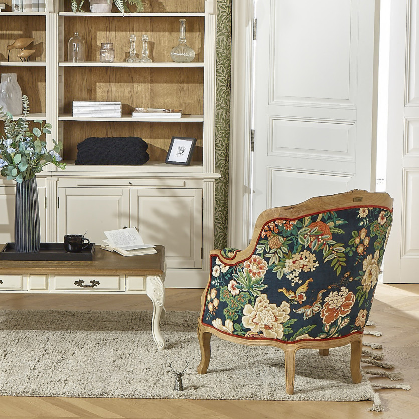 Fauteuil bergère VICTOR EMPEROR - Esprit campagne chic en bois massif et tissu fleuri, 1 place