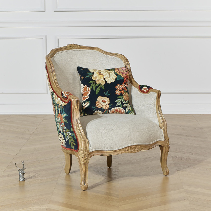 Fauteuil bergère VICTOR EMPEROR - Esprit campagne chic en bois massif et tissu fleuri, 1 place