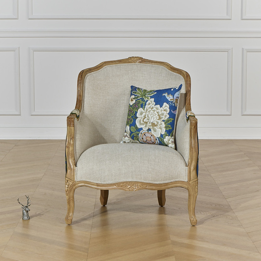 Fauteuil bergère VICTOR KING - Style maison de famille en bois massif et tissu fleuri bleu, 1 place