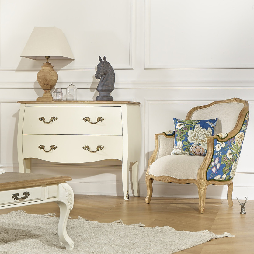 Fauteuil bergère VICTOR KING - Style maison de famille en bois massif et tissu fleuri bleu, 1 place