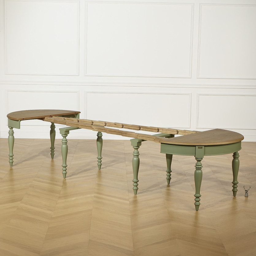 Table à manger extensible JADE – Style shabby chic, plateau en chêne, pieds verts 6/14 couverts