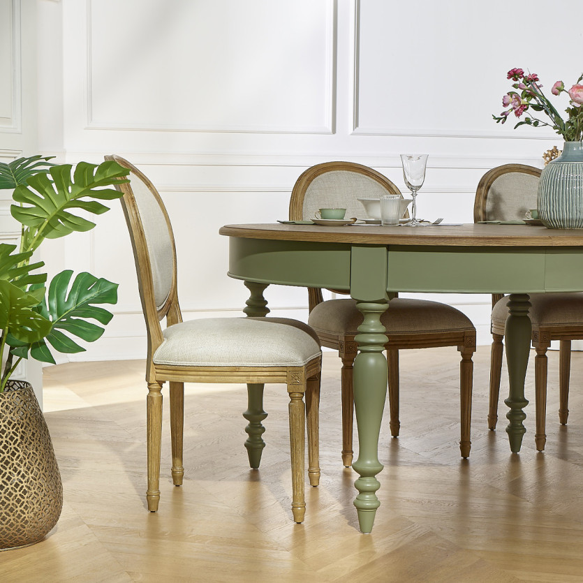 Table à manger extensible JADE – Style shabby chic, plateau en chêne, pieds verts 6/14 couverts
