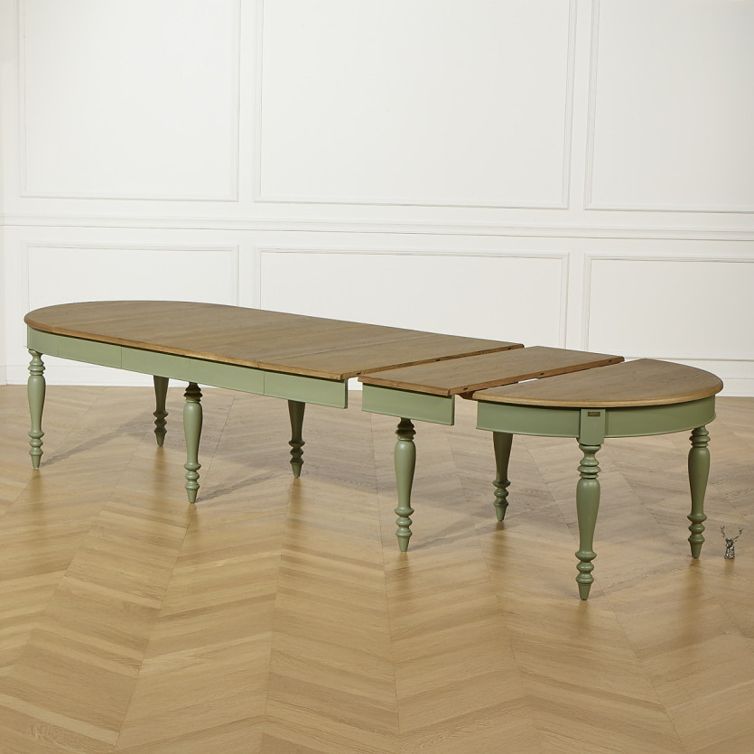 Uitschuifbare eettafel JADE – Shabby chic stijl, eiken blad, groene poten 6/14 couverts