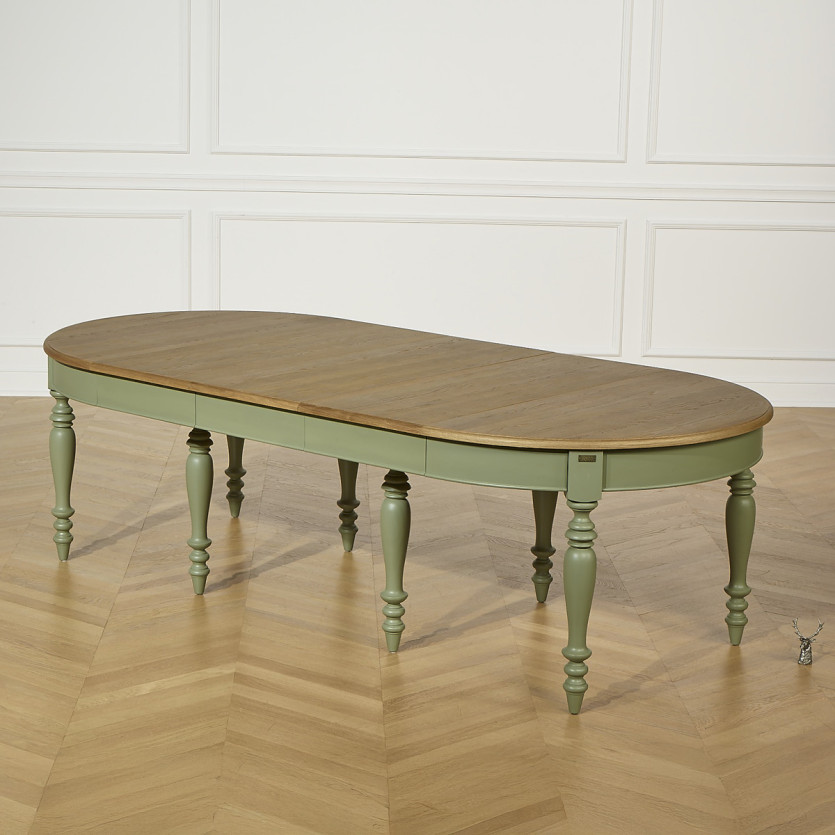 Table à manger extensible JADE – Style shabby chic, plateau en chêne, pieds verts 6/14 couverts