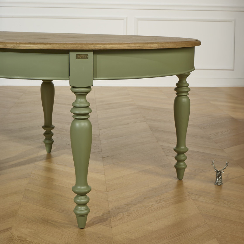 Uitschuifbare eettafel JADE – Shabby chic stijl, eiken blad, groene poten 6/14 couverts