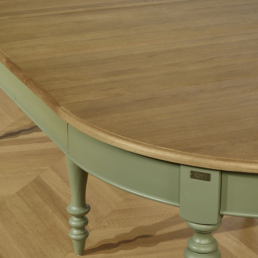 Table à manger extensible JADE – Style shabby chic, plateau en chêne, pieds verts 6/14 couverts