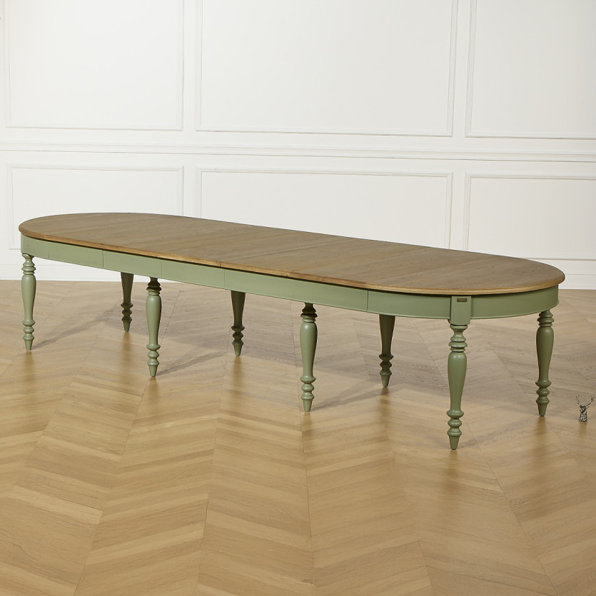 Table à manger extensible JADE – Style shabby chic, plateau en chêne, pieds verts 6/14 couverts