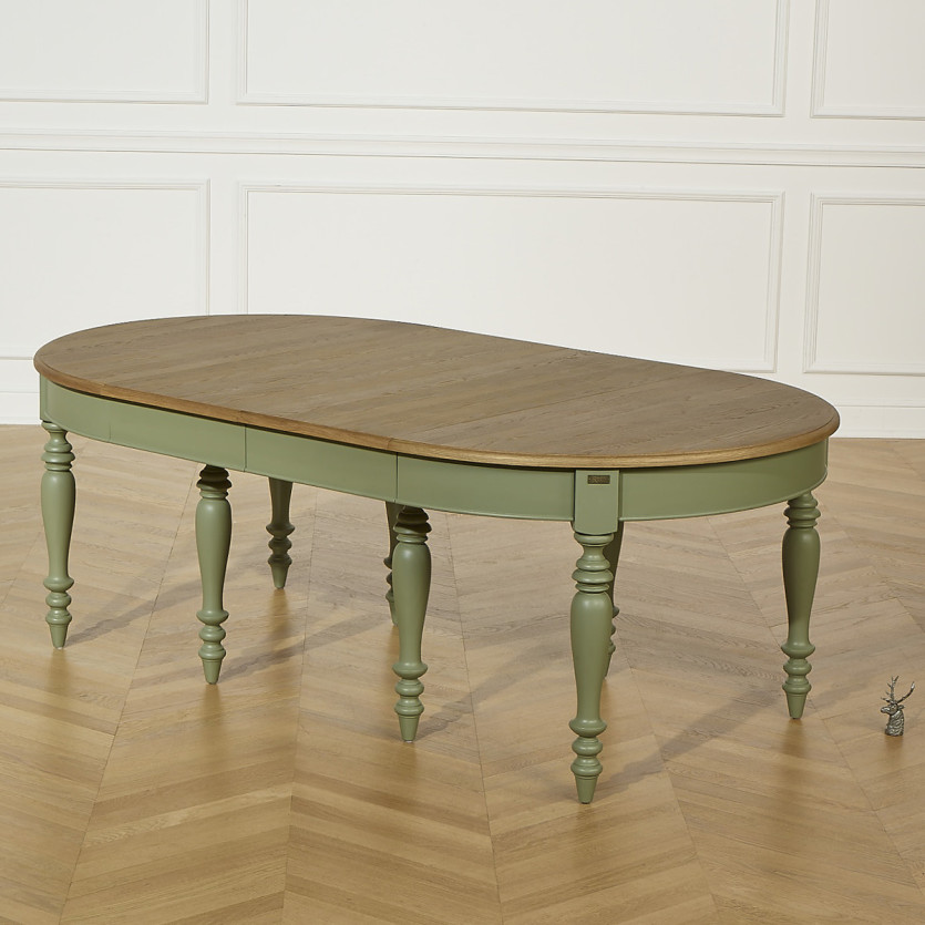 Table à manger extensible JADE – Style shabby chic, plateau en chêne, pieds verts 6/14 couverts