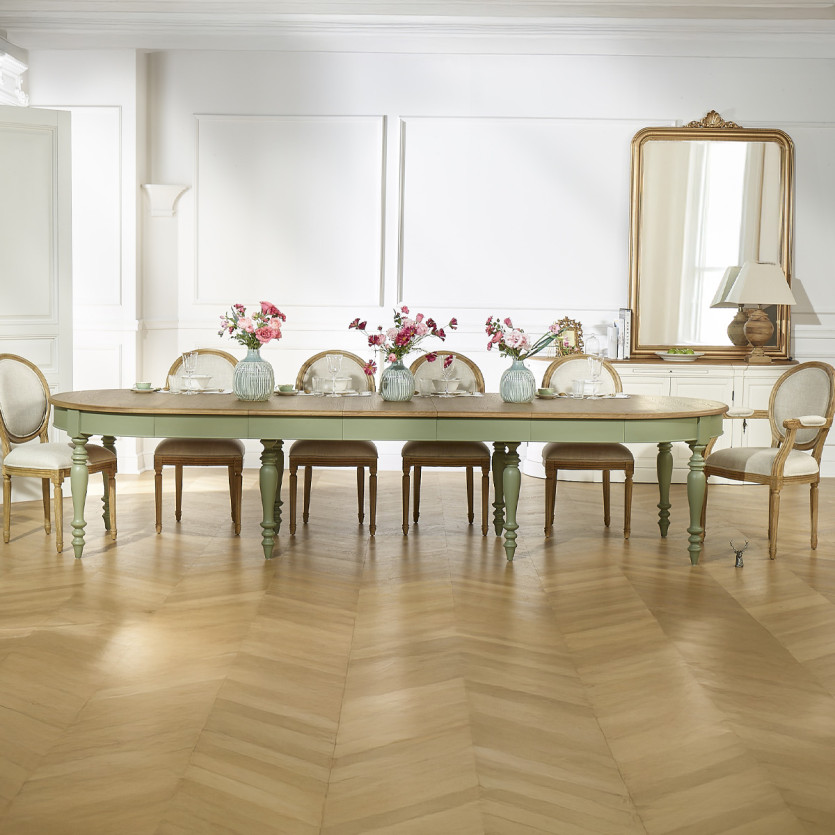 JADE - Mesa extensible estilo shabby chic, tablero de roble, 16 comensales