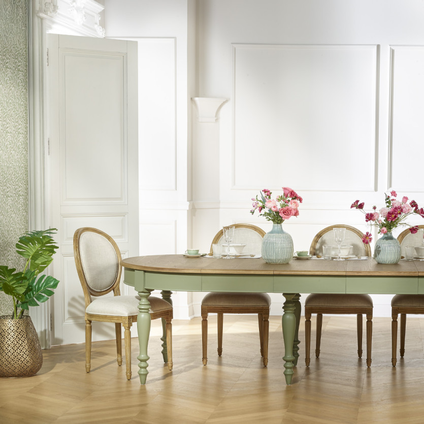 JADE - Mesa extensible estilo shabby chic, tablero de roble, 16 comensales