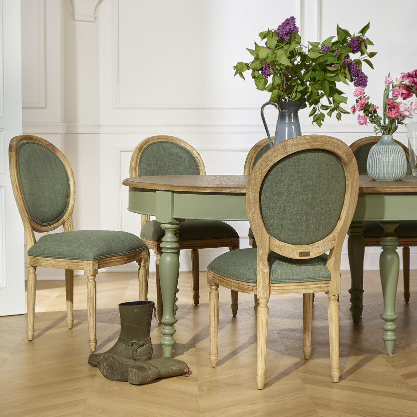 JADE - Mesa extensible estilo shabby chic, tablero de roble, 16 comensales